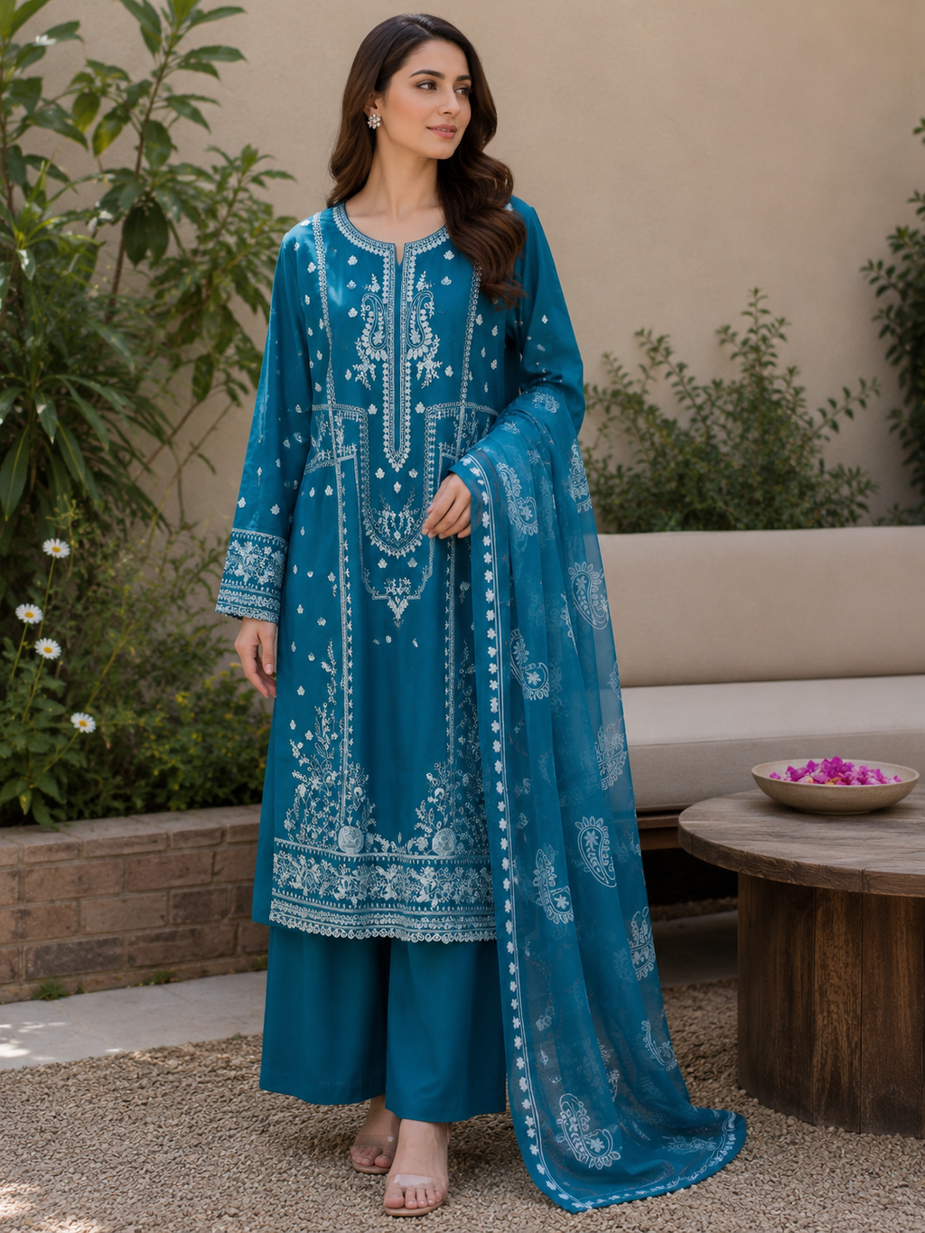 Teal-luxury embroidered (3PC)