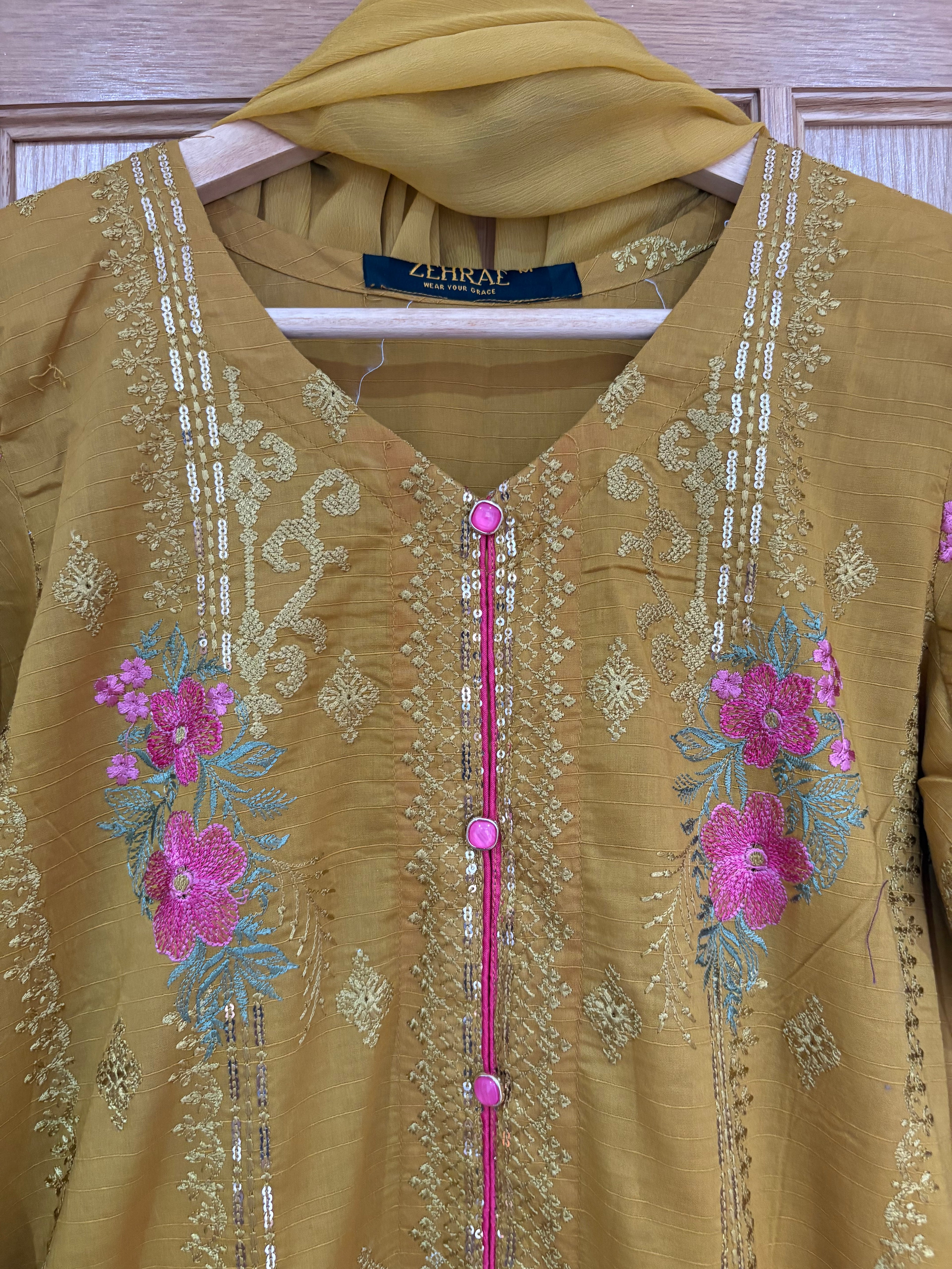 Mustard Yellow Embroidered 3-Piece Suit)