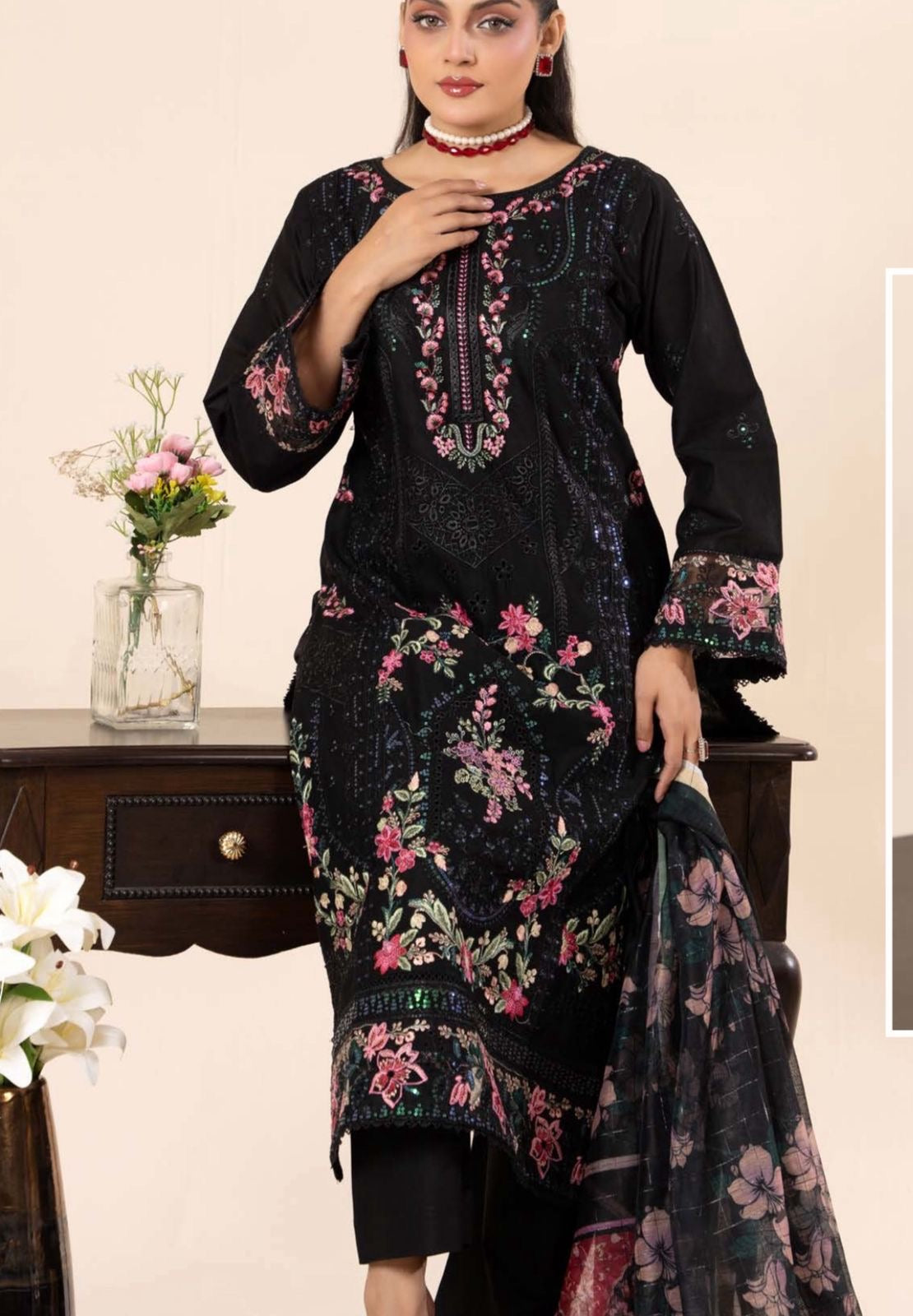 Black floral embroidered lawn dress