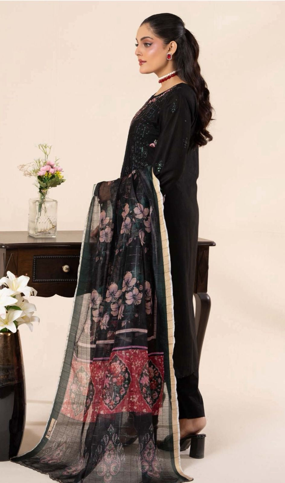 Black floral embroidered lawn dress