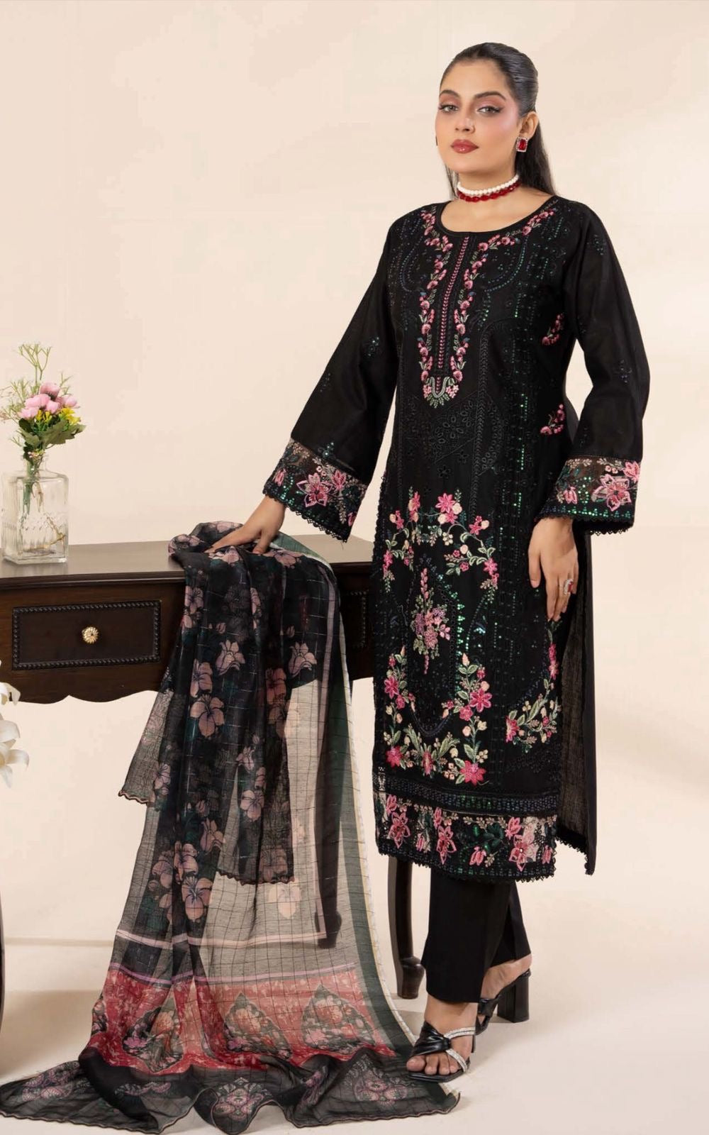 Black floral embroidered lawn dress
