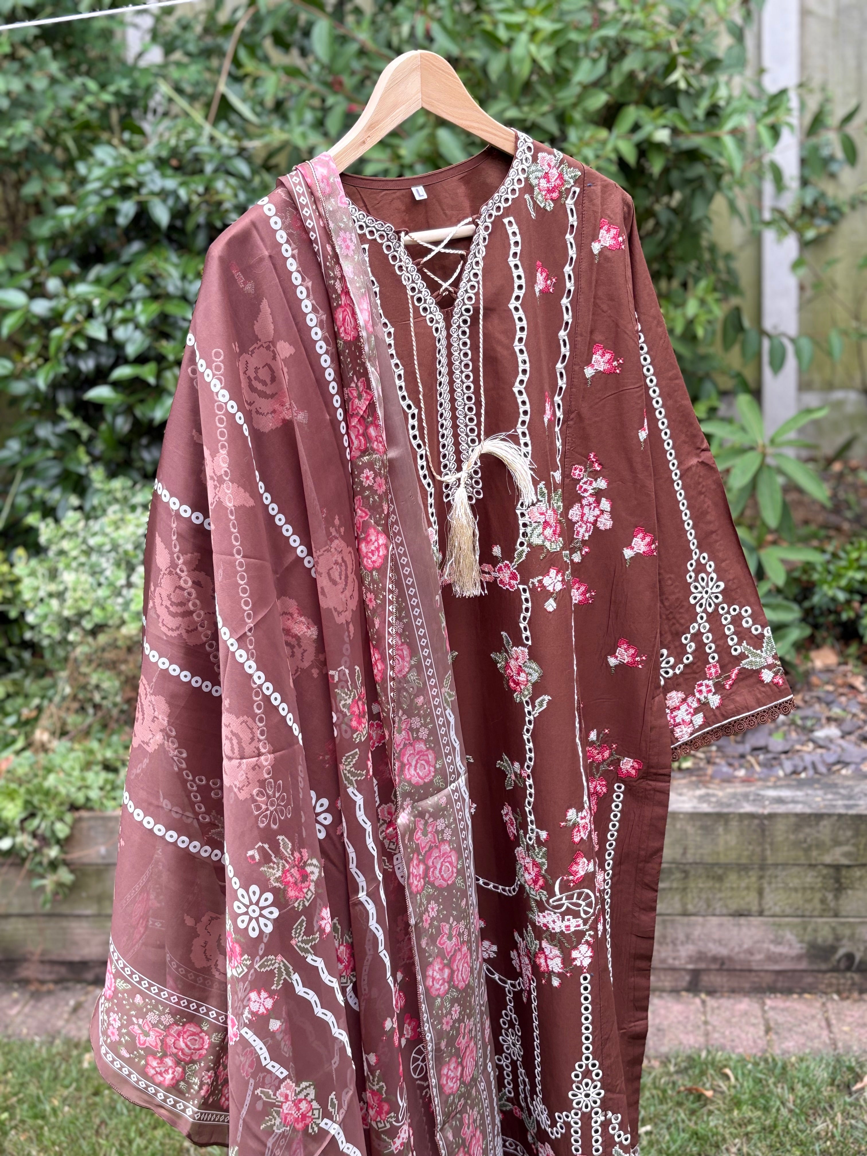 Chocolate brown-luxury embroidered (3PC)