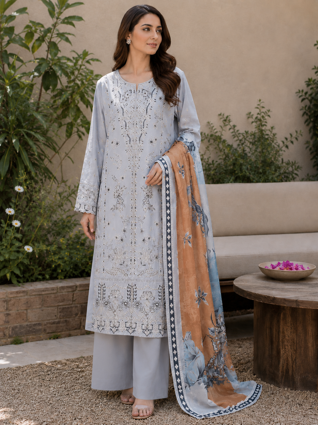 Light ice blue -luxury embroidered (3PC)