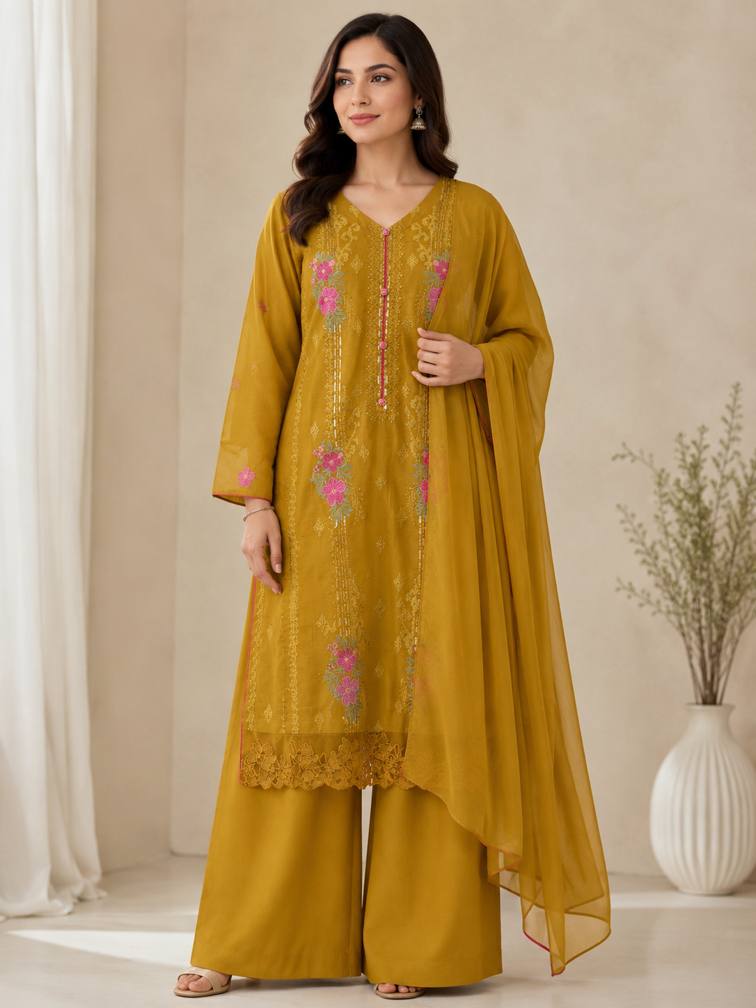 Mustard Yellow Embroidered 3-Piece Suit)