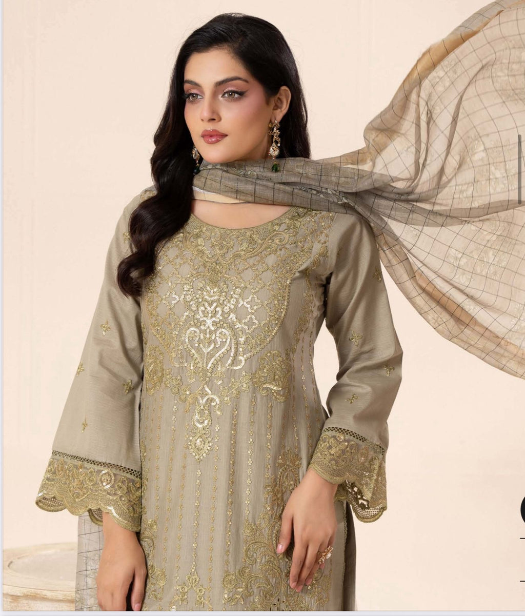 Olive gold embroidered lawn dress