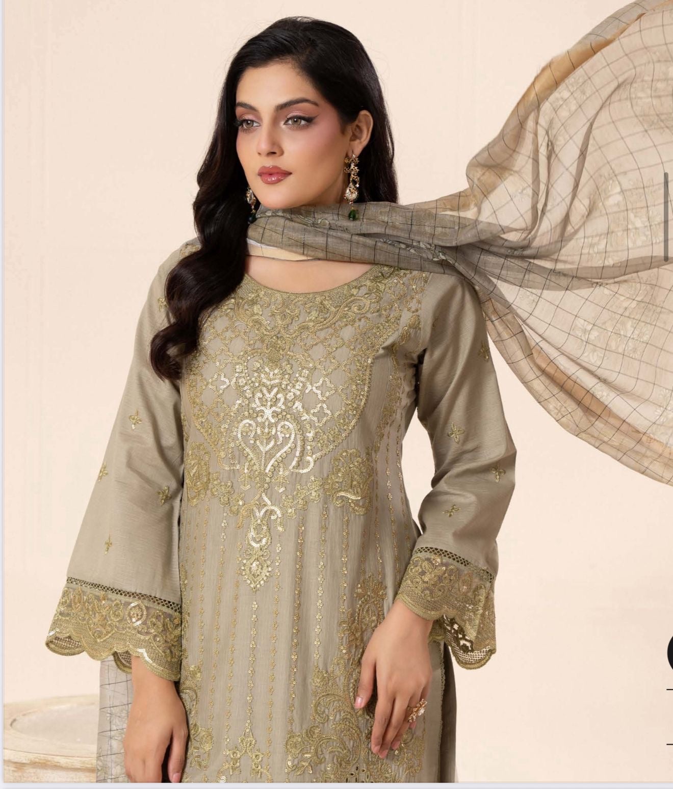 Olive gold embroidered lawn dress
