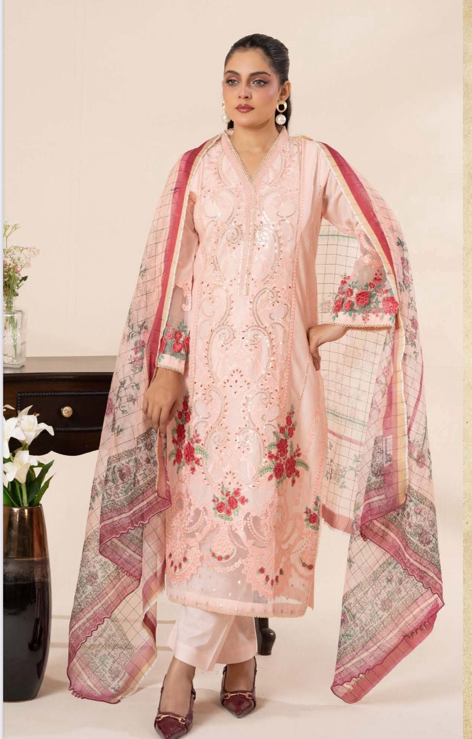 Blush light pink embroidered lawn dress