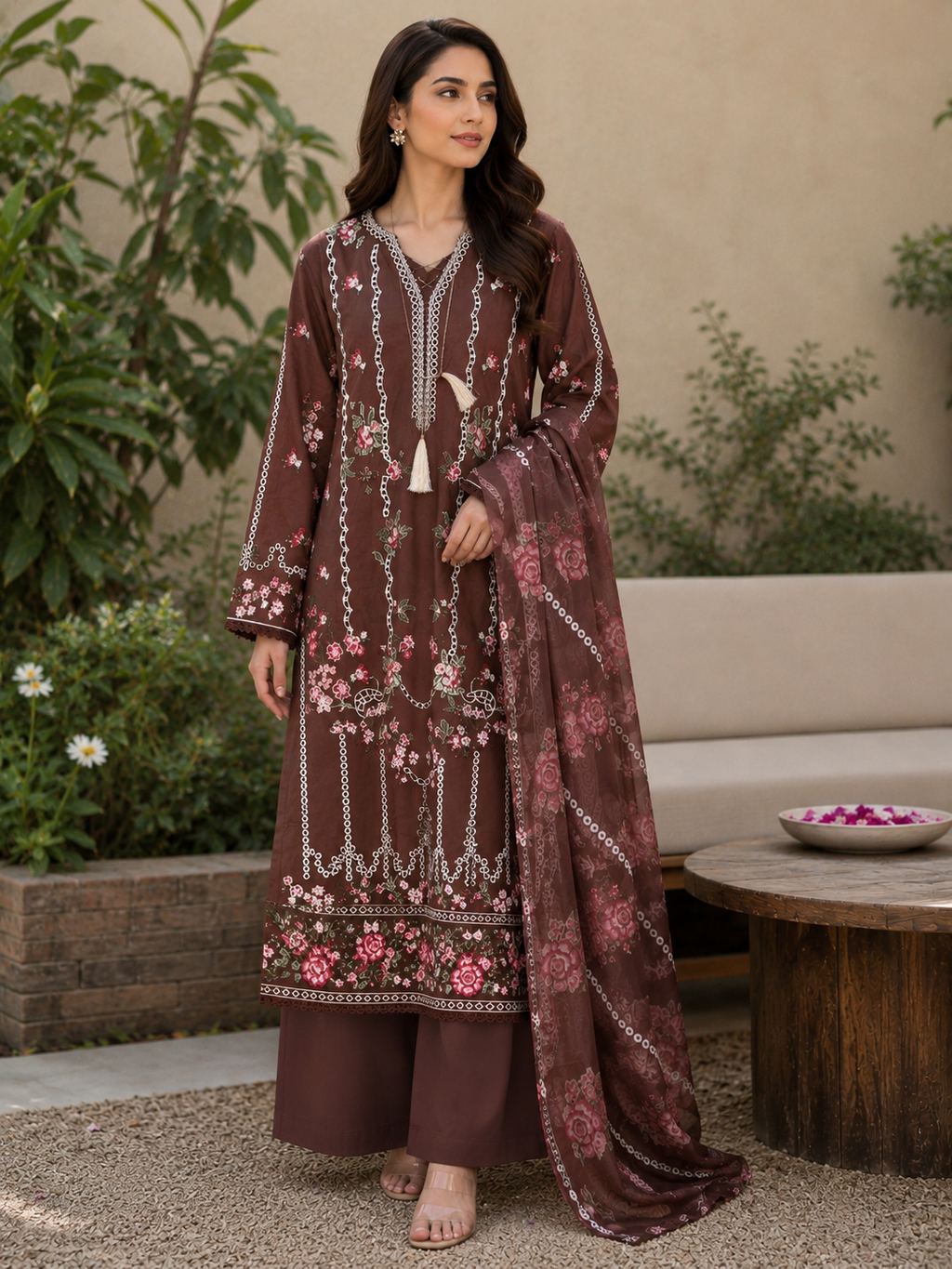 Chocolate brown-luxury embroidered (3PC)