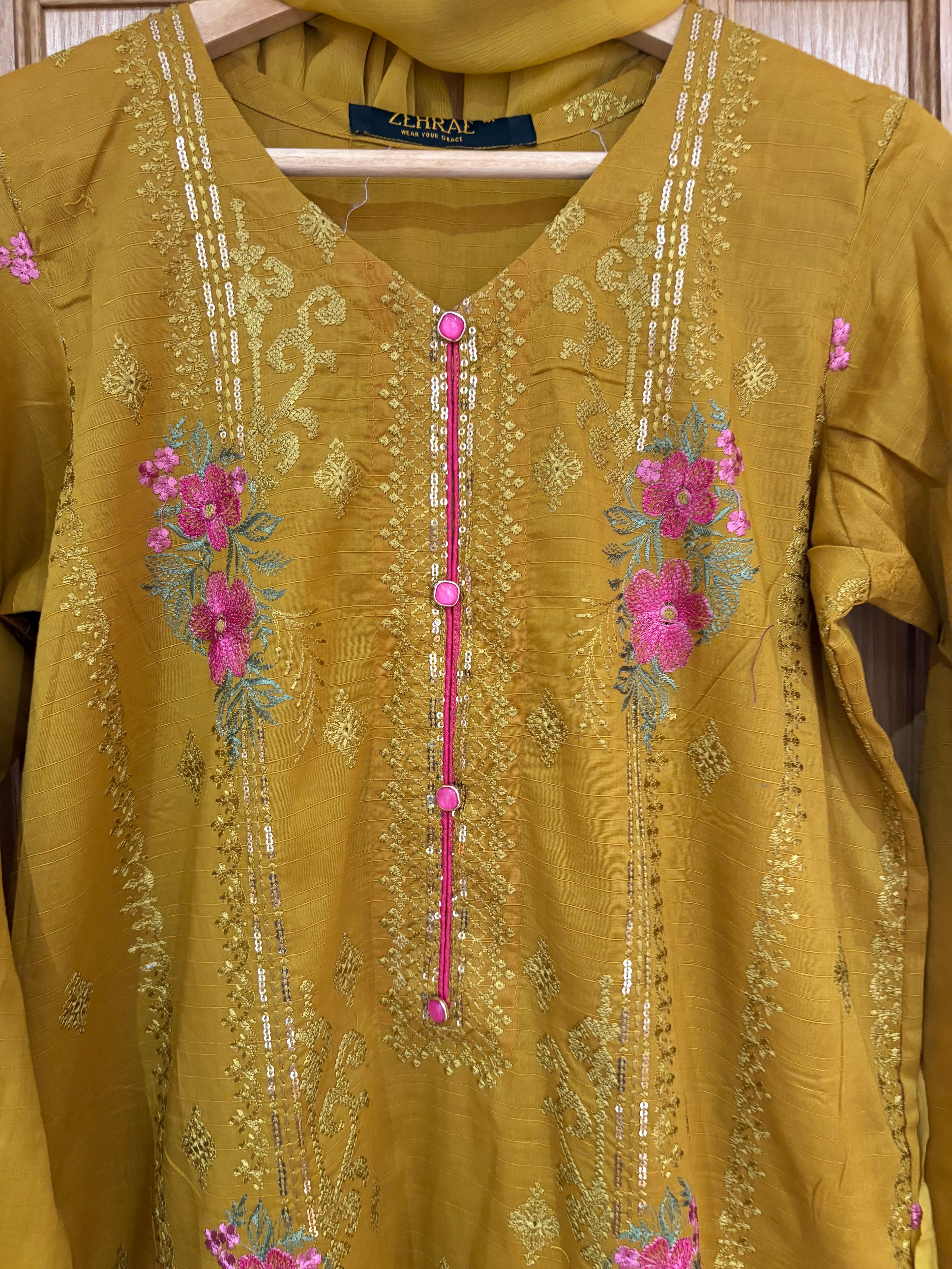 Mustard Yellow Embroidered 3-Piece Suit)