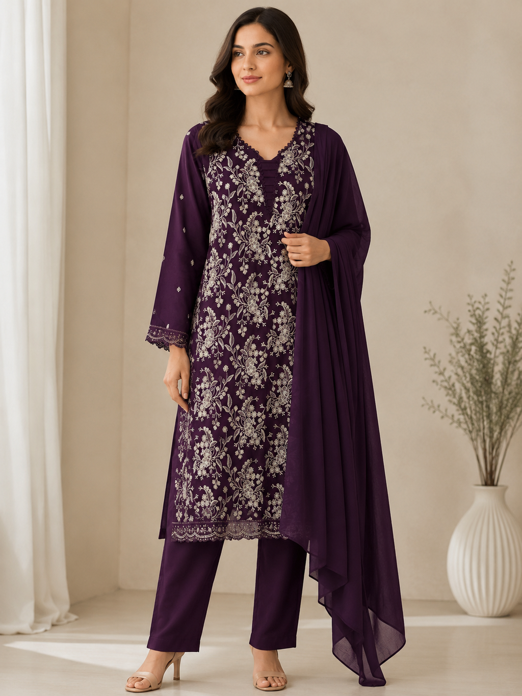 Deep Purple Embroidered 3-Piece Suit