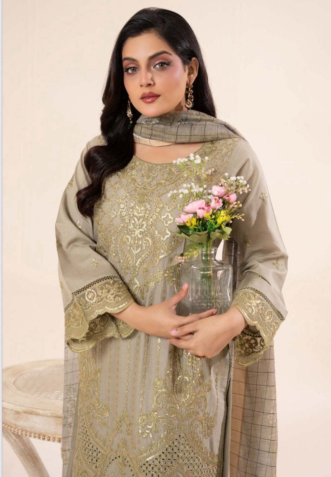 Olive gold embroidered lawn dress
