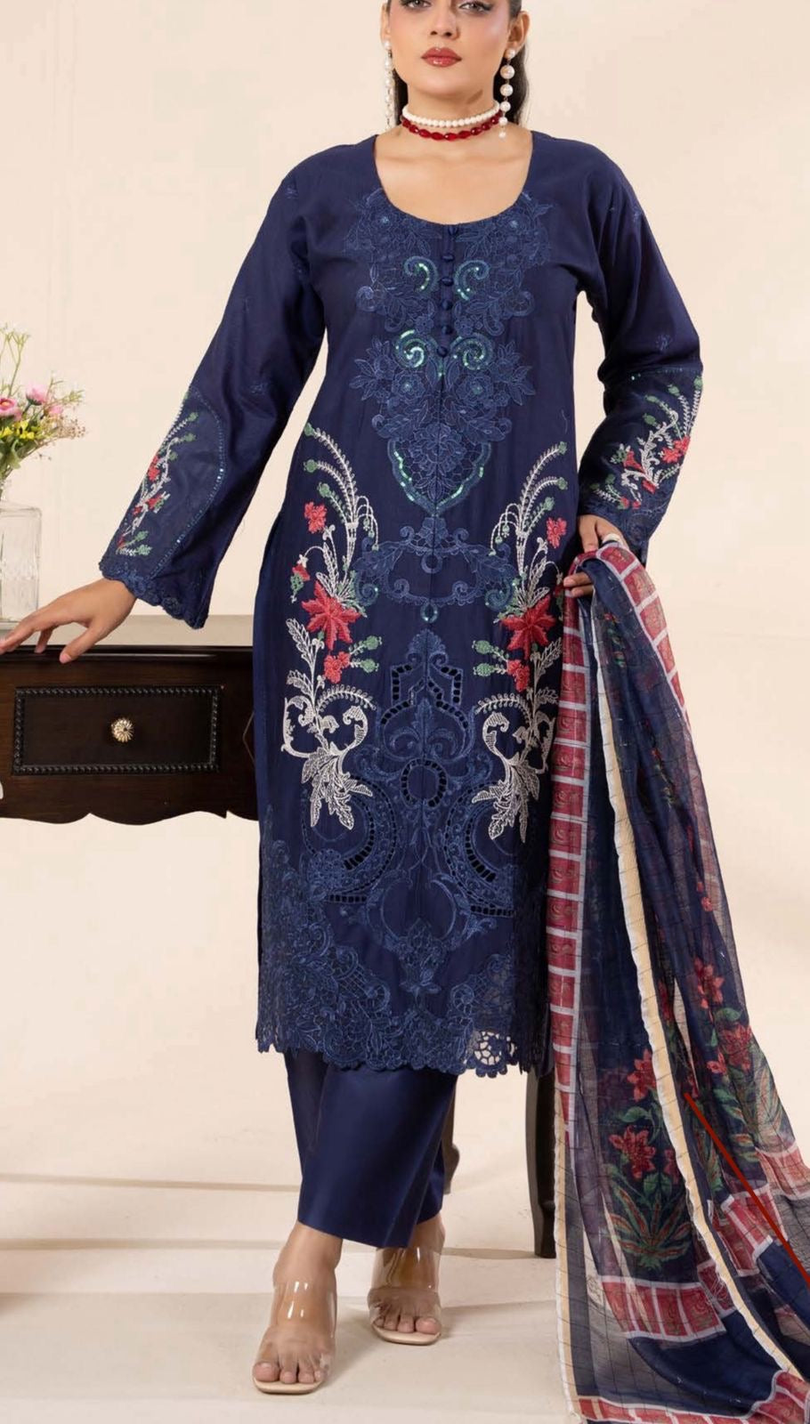 Royal blue embroidered lawn dress