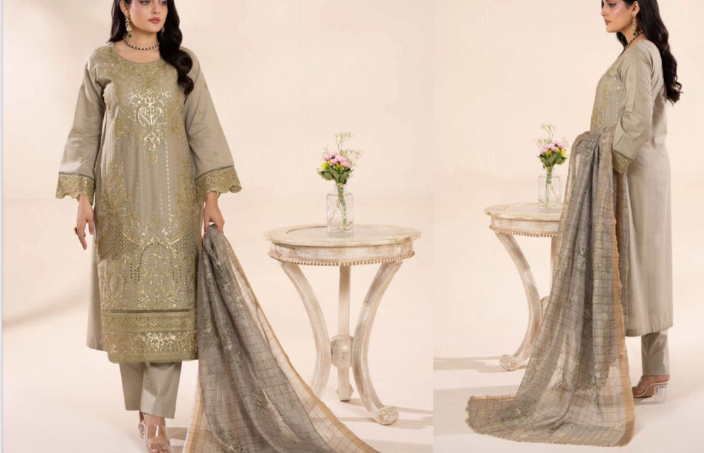 Olive gold embroidered lawn dress