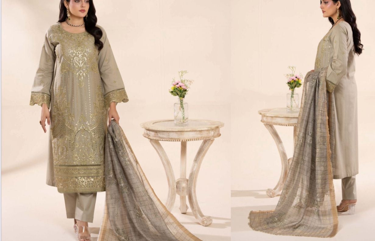 Olive gold embroidered lawn dress
